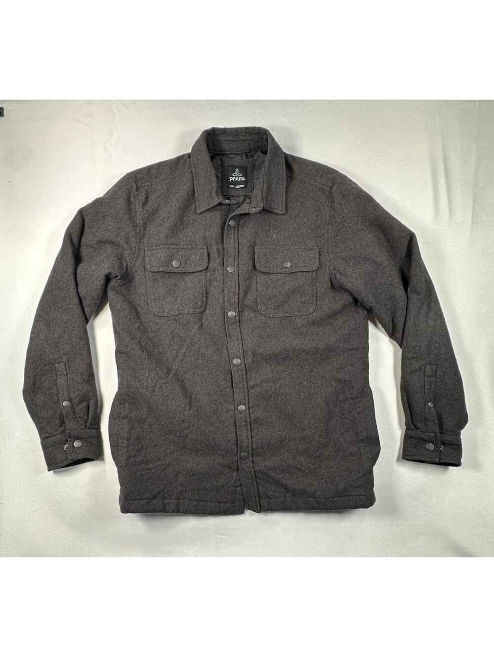 prAna Quilted Lined Flannel Shirt Jacket Mens L Charcoal Gray Shacket Thick